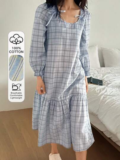 DAZY Sweet Plaid Bow Decor Women's Nightgown