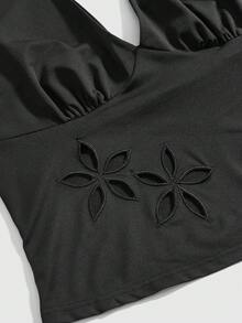ROMWE Goth 大码女式深V领花卉镂空露背吊带背心，百搭 - 黑色 - 查看 6