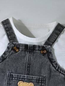 SHEIN Playful Pals Newborn Casual Washed Bear Graphic Denim Romper