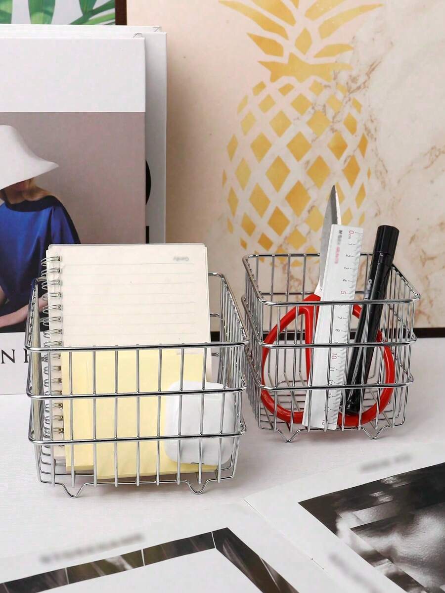 1PC Iron Square Desktop Storage Organizer Basket, Available In Multiple Sizes, For Kitchen Fruit & Vegetable, Makeup Cosmetics, Coffee Capsules, Office Supplies, Back To School Student Gift - Multicolor - View 1