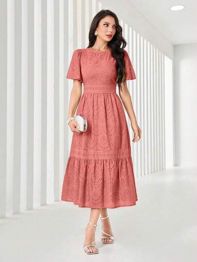 Modelyn Elegant Summer Solid Color Hollow Out Embroidery Lilac Dress Maxi Women Outfit