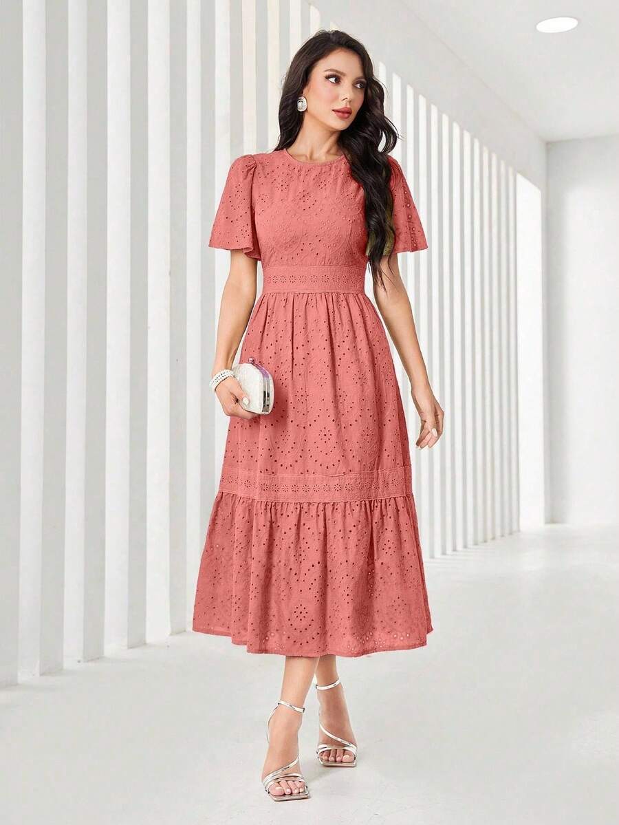 Modelyn Đầm maxi màu tím hoa cà trơn, thanh lịch, khoét rỗng, thêu họa tiết, thích hợp cho mùa hè. - Màu Hồng San hô - Xem 1