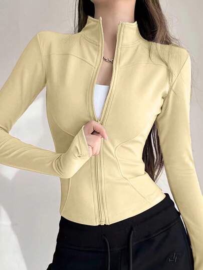 Chaqueta de yoga Y2K ajustada con cremallera y mangas largas con abertura para pulgar