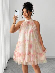 GlowEve CURVE 大码女式无袖薄纱层叠短裙，优雅仙气，Fairycore 女式夏季连衣裙，吊带连衣裙，婚礼宾客印花连衣裙 - 杏色 - 查看 3