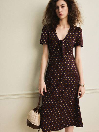 Écloséra 甜美日式波点印花短袖女式连衣裙