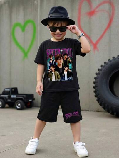 2pcs Boys Casual Cartoon Character Print Short Sleeve T-Shirt And Shorts Set, Suitable For Summer Summer Y2k Vacation Goth Gothic Streetwear Sumwon Burgundy Holiday Vintage Boho Festival Mardi Gras Party Cute Birthday Boys Modest Home Casual Cozy