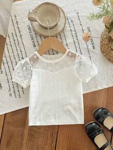 SHEIN LMoss Kids 女婴纯色圆领泡泡袖休闲T恤 - 白色 - 查看 3