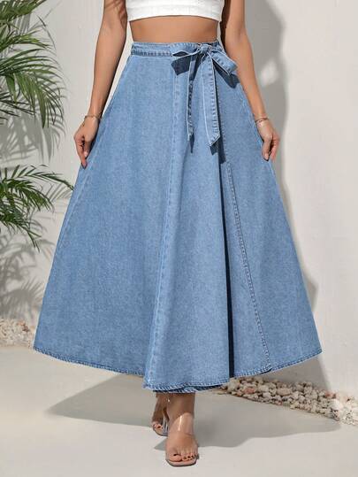 EMERY ROSE تنورة جينز على شكل A مع عقدة على الخصر للنساء، كاجوال