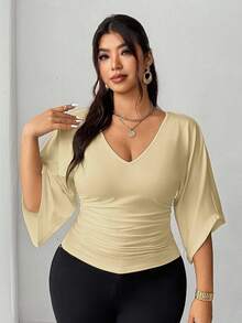 Elenzga Áo thun dáng Pháp thoải mái, đa năng, có phần eo thon gọn, dành cho người có thân hình mũm mĩm. - Màu be - Xem 7