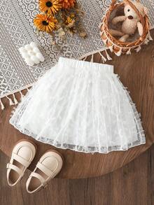 SHEIN 少女甜美优雅白色刺绣3D蝴蝶结网纱A字公主迷你裙，日常百搭，优雅可爱，甜美可人。 - 白色 - 查看 6