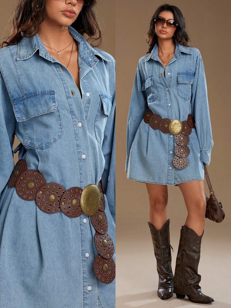 TRNVIE Vestido de mezclilla de manga larga, hombros caídos, con botones delanteros, casual y versátil - Azul - Ver 1