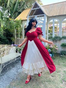 Flirla Plus Size Women Casual Color Block Red Valentine's Day Short Sleeve Dress - Multicolor - View 3