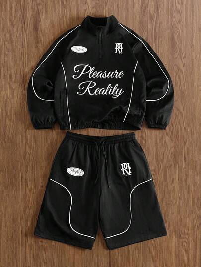 TOKVUE Men's Casual Letter Print Zip-Up Hoodie And Shorts Set