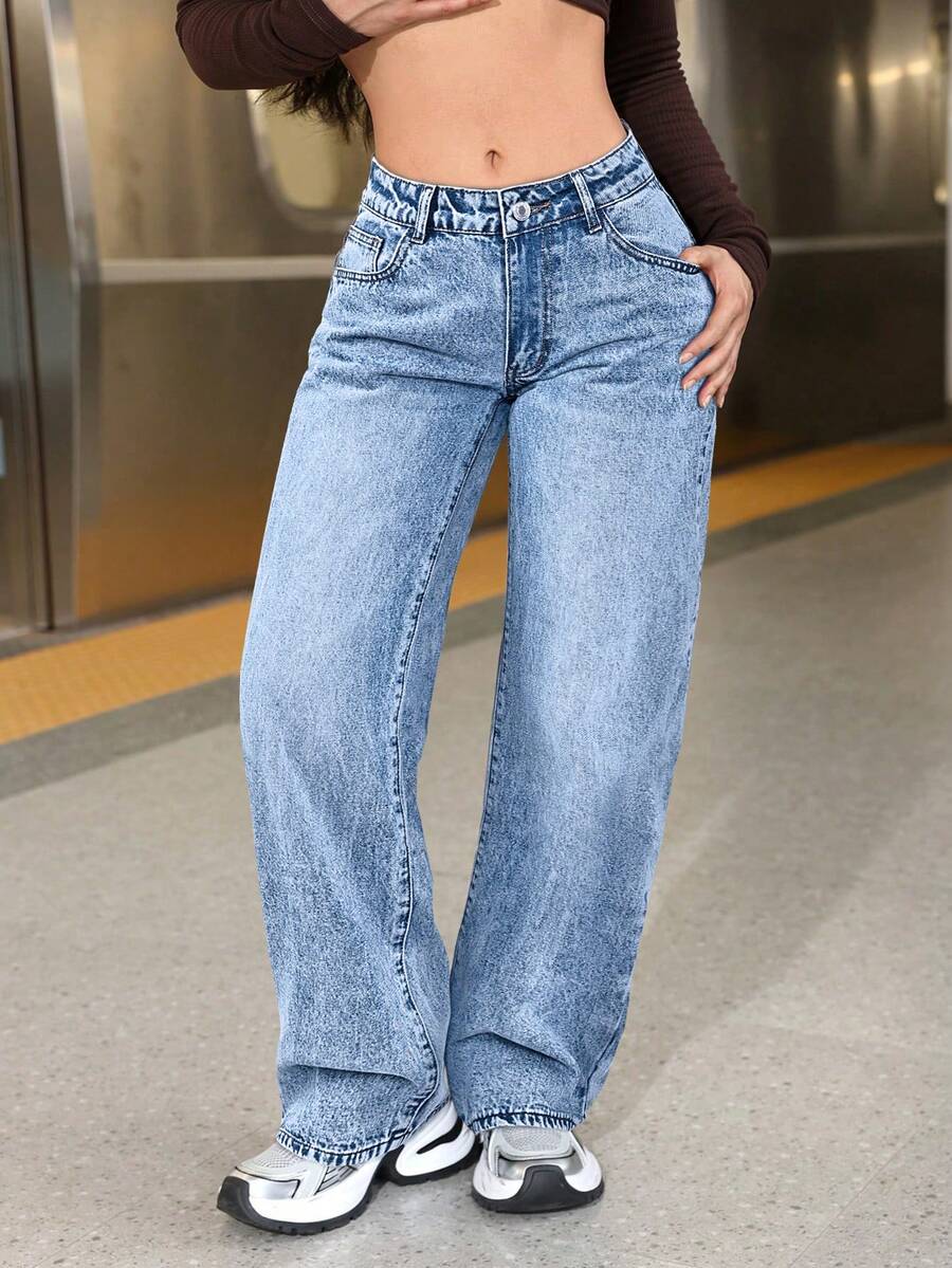 SHEIN PETITE Quần jean denim nữ ống rộng dáng suông, đa năng, có túi. - Rửa nhẹ - Xem 1