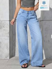 SHEIN PETITE 女士口袋纽扣休闲百搭通勤宽松牛仔阔腿裤 - 淺色水洗藍 - 查看 4