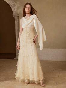 MOTF PREMIUM WOMEN'S ELEGANT LACE PATCHWORK MERMAID HEM LONG DRESS, SPRING/SUMMER - Apricot - View 2