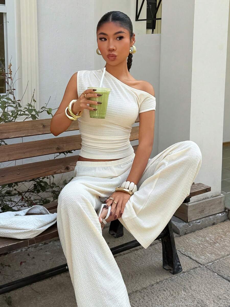 Muchica 杏色针织斜肩修身休闲家居服套装，夏季 - 杏色 - 查看 1