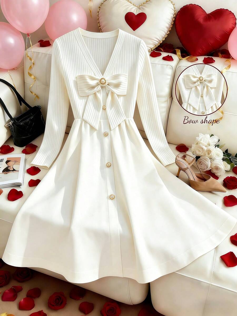 Franclia Women's Elegant Long-Sleeved Cream White Dress With Bow,Fitted Waist,Ribbed Fabric,Single-Breasted,Autumn Tea Party,Christmas,New Year Eve Outfits - White - View 1
