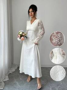 Modelyn Women's Apricot Woven Contrast Lace Elegant Cocktail Party Dress French Style Dress Elegant White Dress Lace Maxi Dress - Apricot - View 4
