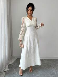 Modelyn Women's Apricot Woven Contrast Lace Elegant Cocktail Party Dress French Style Dress Elegant White Dress Lace Maxi Dress - Apricot - View 7