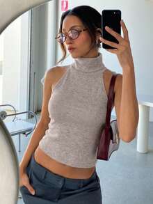 Aloruh Women's Early Summer Casual Top, Elegant High-Neck Retro Apricot-Grey Slim-Fit Sleeveless Pullover, Women's Holiday Outing Top, Women's Elegant Top, Casual Top, Women's Vacation Wear. Cropped Tank Top Gray Ribbed Top Grey Crop Top High Neck Top - Apricot - View 5