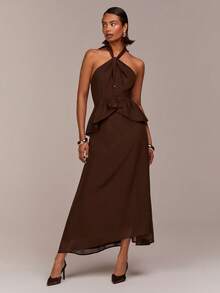 COSMINA Robe longue élégante pour femmes avec col en V sans manches, ourlet à volants, taille cintrée dans un style bohème. Idéale pour les vacances, les sorties, les soirées, les mariages sur la plage, le printemps - Café - Voir 3