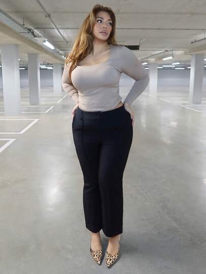 MelDlgn 加大码秋季灰色方领褶皱针织紧身长袖 T 恤，优雅百搭通勤上衣