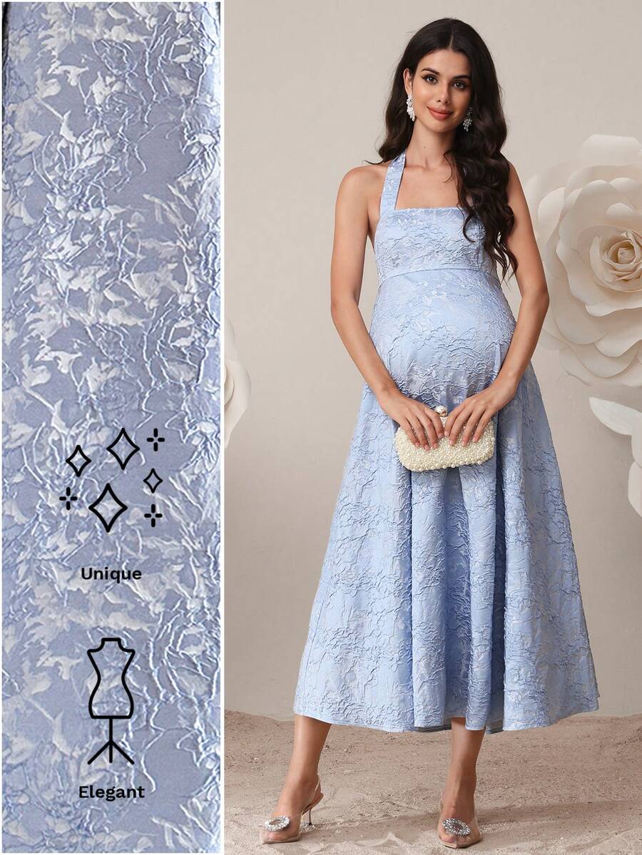 SHEIN Floral Jacquard Elegant Maternity Halter Dress For Party Occasions Blue Baby Shower Dress Maternity Pregnancy Dress For Photoshoot Maternity Two Piece 2 Piece Dress - Blue - View 1