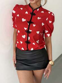 Chiquease 女士爱心印花立领撞色纽扣短袖修身衬衫，适合情人节、约会、日常穿着、夏季上衣，优雅百搭，适合度假、节日等场合。 - 紅色 - 查看 7