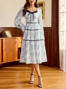 Vintamour Vintage Classic Elegant Women's Dress, Contrast Color Trim Bow Dress, Floral Print Dress, Long Sleeve Dress, Blue & White Flower Dress, Flared Hem Dress Cottagecore Dress French Style Dress Victorian Vintage Style Dress Lolita Dress Spring Outfit Women Spring Dress For Women Valentine's Day Outfit Party Dress Wedding Guest Dress For Women - Blue and White - View 5