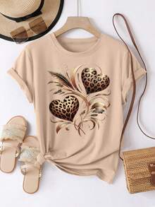 EMERY ROSE Áo thun nữ cỡ lớn tay ngắn cổ tròn in họa tiết hoa hướng dương và da báo - Màu be - Xem 3