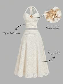 SHEIN MOD 大码女式蕾丝金属扣吊带上衣和长裙套装 - 杏色 - 查看 9