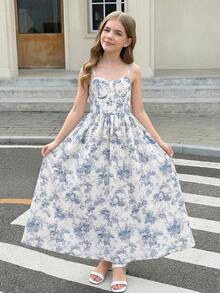 SHEIN 少女碎花无袖中长连衣裙 - 藍白色 - 查看 8