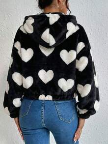 Sudadera con capucha para mujer de felpa sintética, cierre de cremallera y detalle de corazón,Sudaderas para mujer - Negro - Ver 3