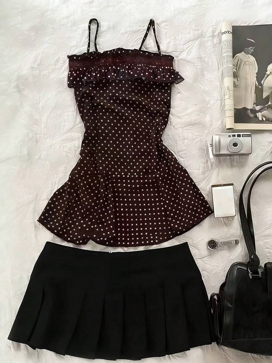 Noixe 女士荷叶边腰部撞色波点印花吊带背心 - 酒紅色 - 查看 1