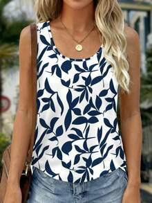 EMERY ROSE Women's Casual Loose Fit Plant Print Round Neck Tank Top, Suitable For Vacation - Khaki - View 5