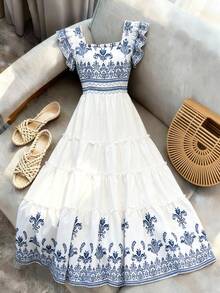 Franclia Versatile Classic Elegant Casual Chic Vacation Style Fashion Charming Urban Business Office Commute Playful Valentine's Day Date Party Beach Dress With Square Neck And Digital Printed Short Sleeves - Blue and White - View 1