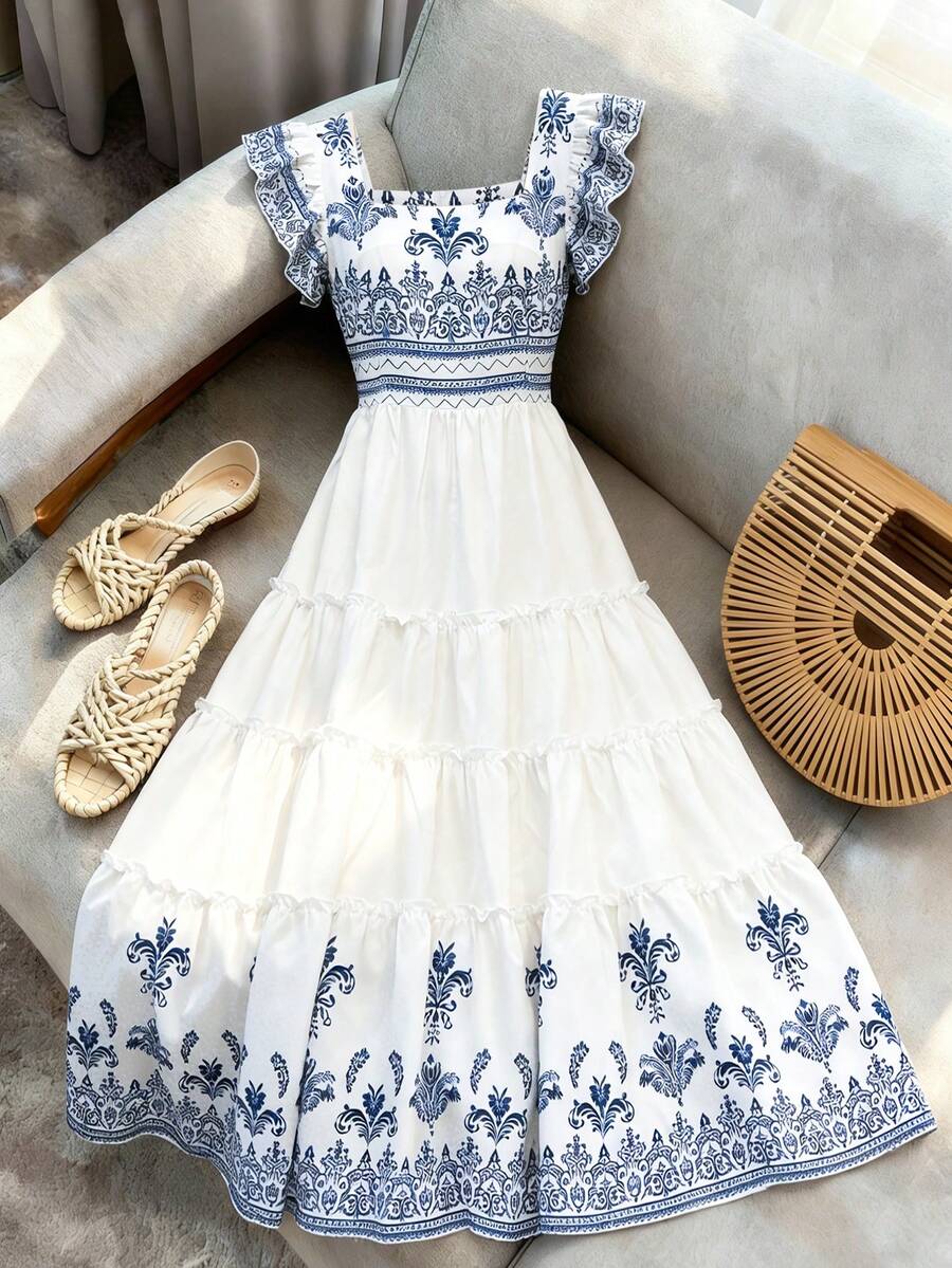 Franclia Versatile Classic Elegant Casual Chic Vacation Style Fashion Charming Urban Business Office Commute Playful Valentine's Day Date Party Beach Dress With Square Neck And Digital Printed Short Sleeves - Blue and White - View 1