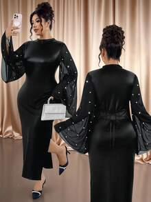 Elenzga Vestido Plus Size Com Mangas Assimétricas Em Patchwork Pu E Chiffon, Elegante Para Passeios, Festas, Encontros, Reuniões E Eventos Formais. - Preto - Ver 2