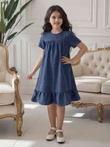 Elladie kids 1件女童宽松蓝色纹理面料圆领短袖休闲连衣裙，舒适透气，适合夏季度假和居家穿着。 - 藍色 - 查看 4