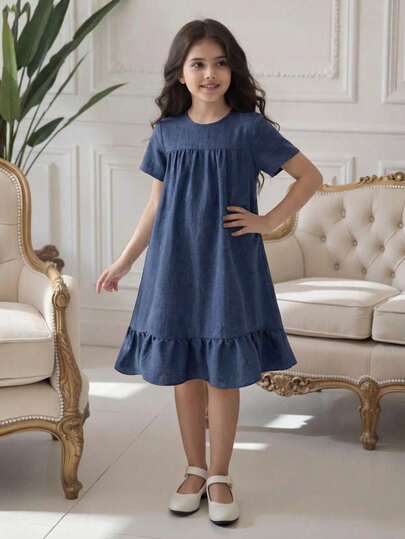 Elladie kids 1pc Girls Oversized Blue Textured Fabric Round Neck Short Sleeve Casual Loose Dress, Comfortable For Summer Vacation & Home Wear