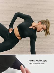 GLOWMODE Áo croptop tay dài, ôm sát cơ thể, thấm hút mồ hôi, thoáng khí, cổ áo Henley bằng lưới, có lỗ xỏ ngón tay cái, thích hợp cho tập luyện cường độ trung bình, chạy bộ, hoạt động ngoài trời mùa thu đông, mặc hàng ngày. - màu đen - Xem 4