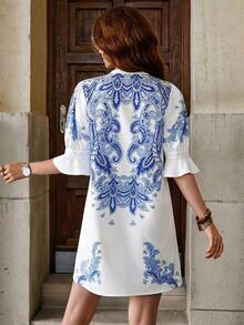 Solivie 女士中袖印花情人节春夏连衣裙，情人节套装 - 藍白色 - 查看 2