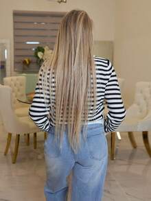 Cioccolato Gestreifter Muster Scallop Saum Knopfverschluss Strickjacke, Langarm Oberteil, Gestrickter Pullover für Herbst/Winter - Schwarz und Weiss - Übersicht 2