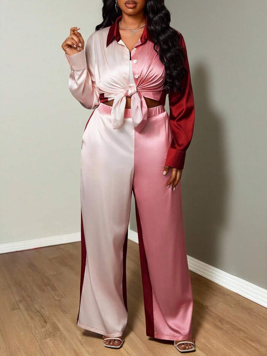 Truni Plus Size Women's Contrast Color Loose Long Sleeve Shirt And Pants Set, With Pocket And Button Details, Suitable For Dates, Parties, Commuting, Pear-Shaped Figure Blouse And Pants Set Pant Suit Set Plus, For Pear Triangle Body Shape - Multicolor - View 1