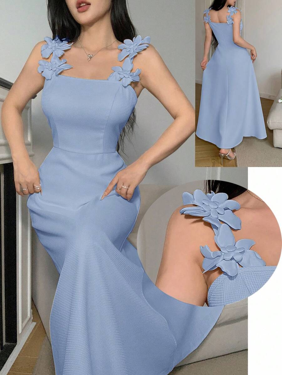 Feyla 女士优雅纯色3D立体花卉装饰吊带连衣裙 - 淺藍色 - 查看 1