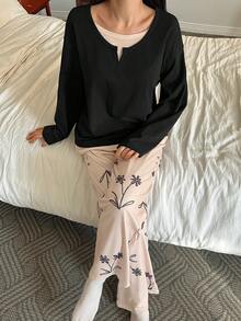 DAZY Women's Contrast Color Patchwork Knit Top & Allover Print Pajama Set - Black - View 4