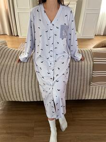 DAZY Puppy Pattern Purple Bat All-Over Print Long Sleeve Loose Nightgown Dress For Women - Mauve Purple - View 4