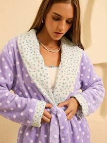 Aralina Women's Comfortable Polka Dot Print Loose Robe, Autumn/Winter - Purple - View 10