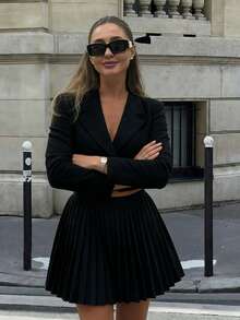 SHEIN Unity Casual Black Lapel Long Sleeve Cropped Blazer And Pleated Mini Skirt Suit Set For Women - Black - View 6
